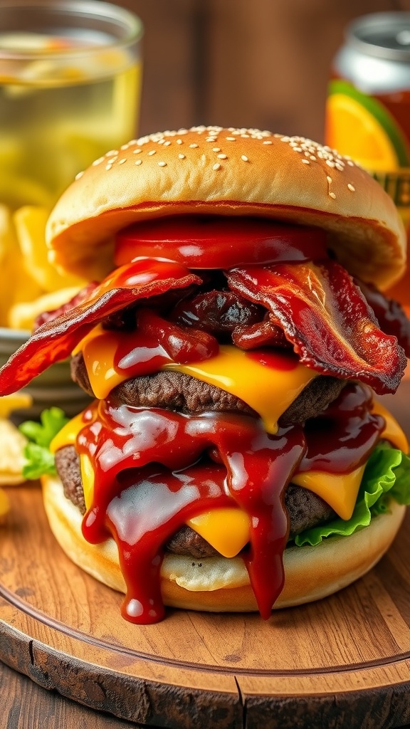 Juicy barbecue bacon cheeseburger with melted cheese, crispy bacon, and fresh toppings on a wooden table.